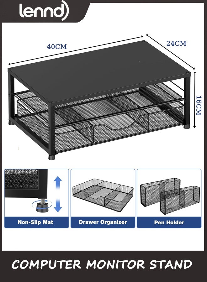 لينند منظم المكتب والاكسسوارات, 2-الطبقة الكمبيوتر شاشة الوقوف رايزر مع الدرج و 2 حاملات القلم, مكتب مكتب الملحقات للإمدادات المكتبية, أسود - Image 3