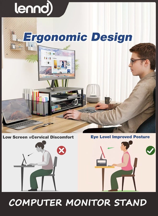 لينند منظم المكتب والاكسسوارات, 2-الطبقة الكمبيوتر شاشة الوقوف رايزر مع الدرج و 2 حاملات القلم, مكتب مكتب الملحقات للإمدادات المكتبية, أسود - Image 2
