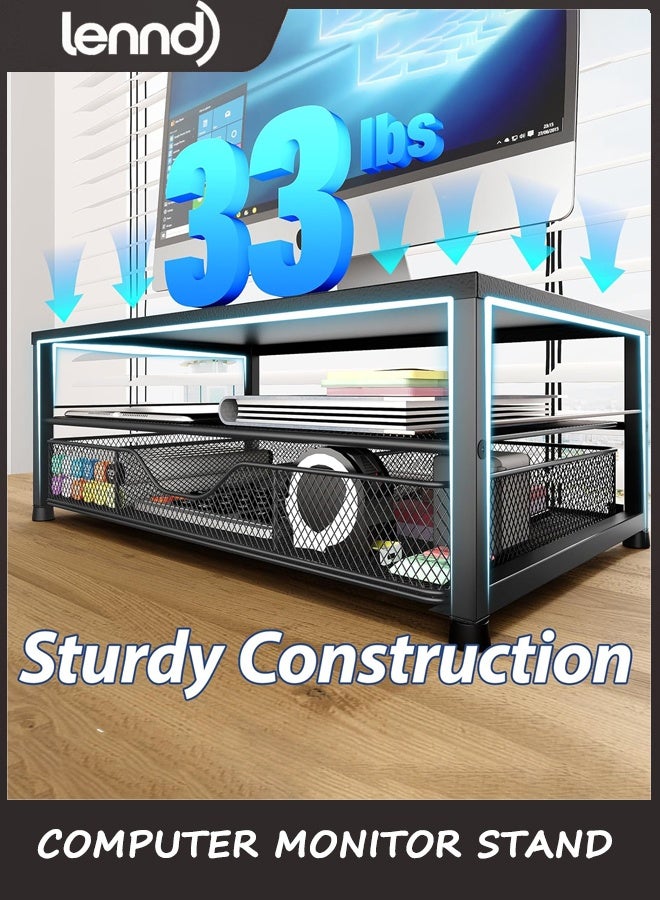 لينند منظم المكتب والاكسسوارات, 2-الطبقة الكمبيوتر شاشة الوقوف رايزر مع الدرج و 2 حاملات القلم, مكتب مكتب الملحقات للإمدادات المكتبية, أسود - Image 5