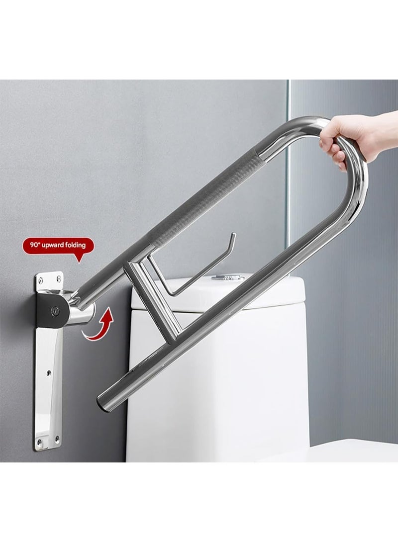 VITION 75cm Toilet Grab Bar Handle with Tissue Holder, Flip-Up Knurled Stainless Steel Anti Slip Bathroom Hand Rail Support for Elderly Seniors Disabled Pregnant (Chrome) - Image 2