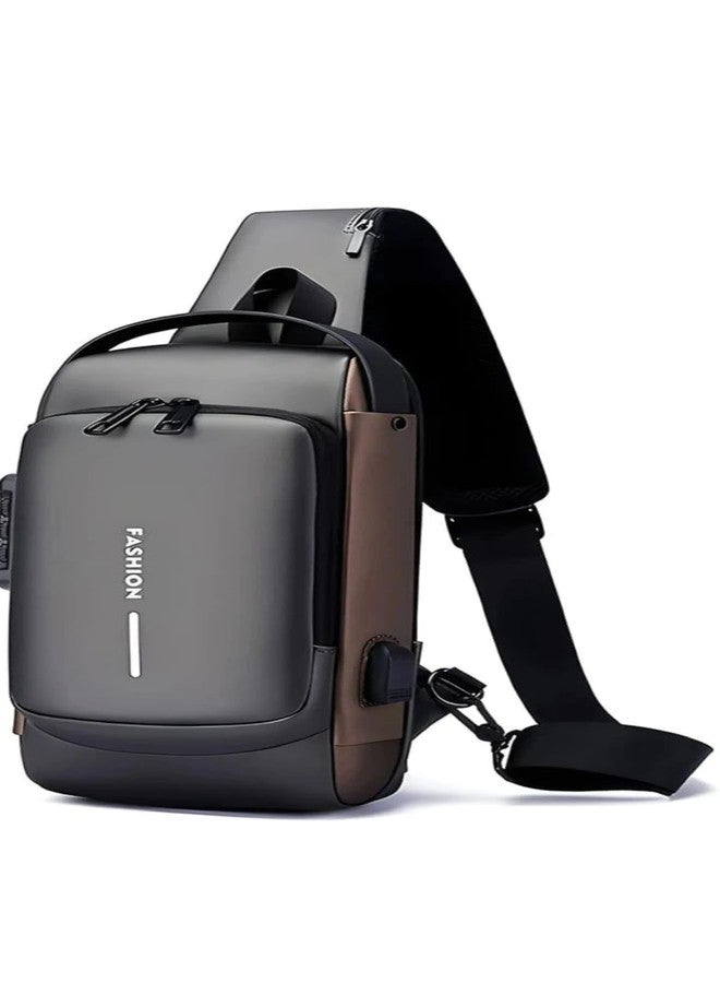 APLOMB Anti-Theft Sling Backpack, USB Charging Port, Combination Lock, Multiple Pockets, 10L Capacity, Grey-Brown - Image 1
