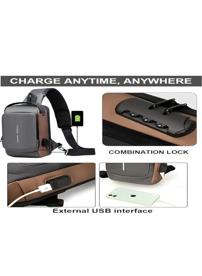 APLOMB Anti-Theft Sling Backpack, USB Charging Port, Combination Lock, Multiple Pockets, 10L Capacity, Grey-Brown - Image 3