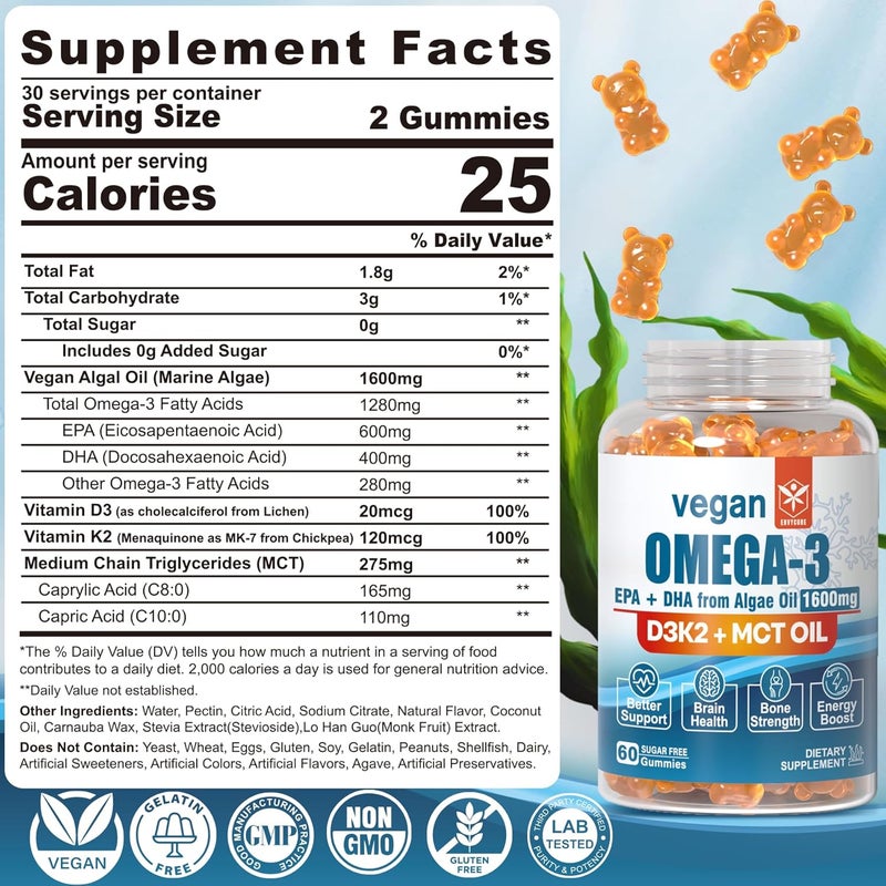 EnvyCure Vegan Omega 3 Gummies 1280mg  Vitamin D3 K2 MK7 Omega 3 Fish Oil Alternative for Adults wAlgae EPA 600mg  DHA 400mg MCT Oil  No Fish Taste  for Brain Eye Immune Health Sugar Free 2 Pack - Image 2