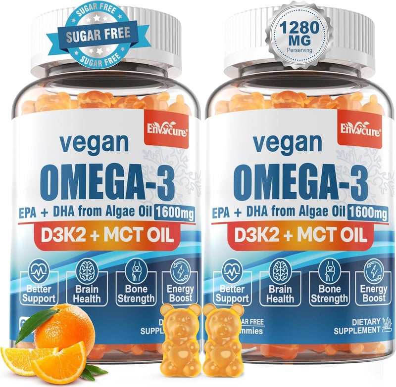 EnvyCure Vegan Omega 3 Gummies 1280mg  Vitamin D3 K2 MK7 Omega 3 Fish Oil Alternative for Adults wAlgae EPA 600mg  DHA 400mg MCT Oil  No Fish Taste  for Brain Eye Immune Health Sugar Free 2 Pack - Image 1