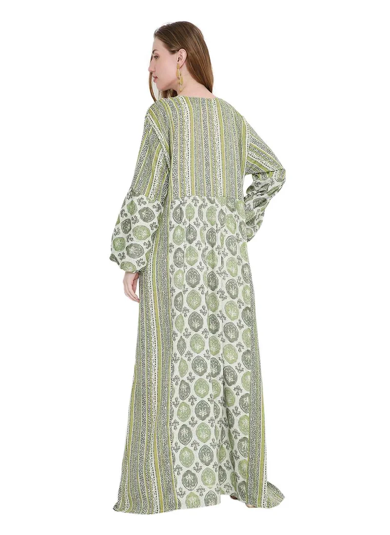 هانا آند سارا glamorous long viscose printed farasha with unique embroidered thread detailing arabic kaftan jalabiya dress