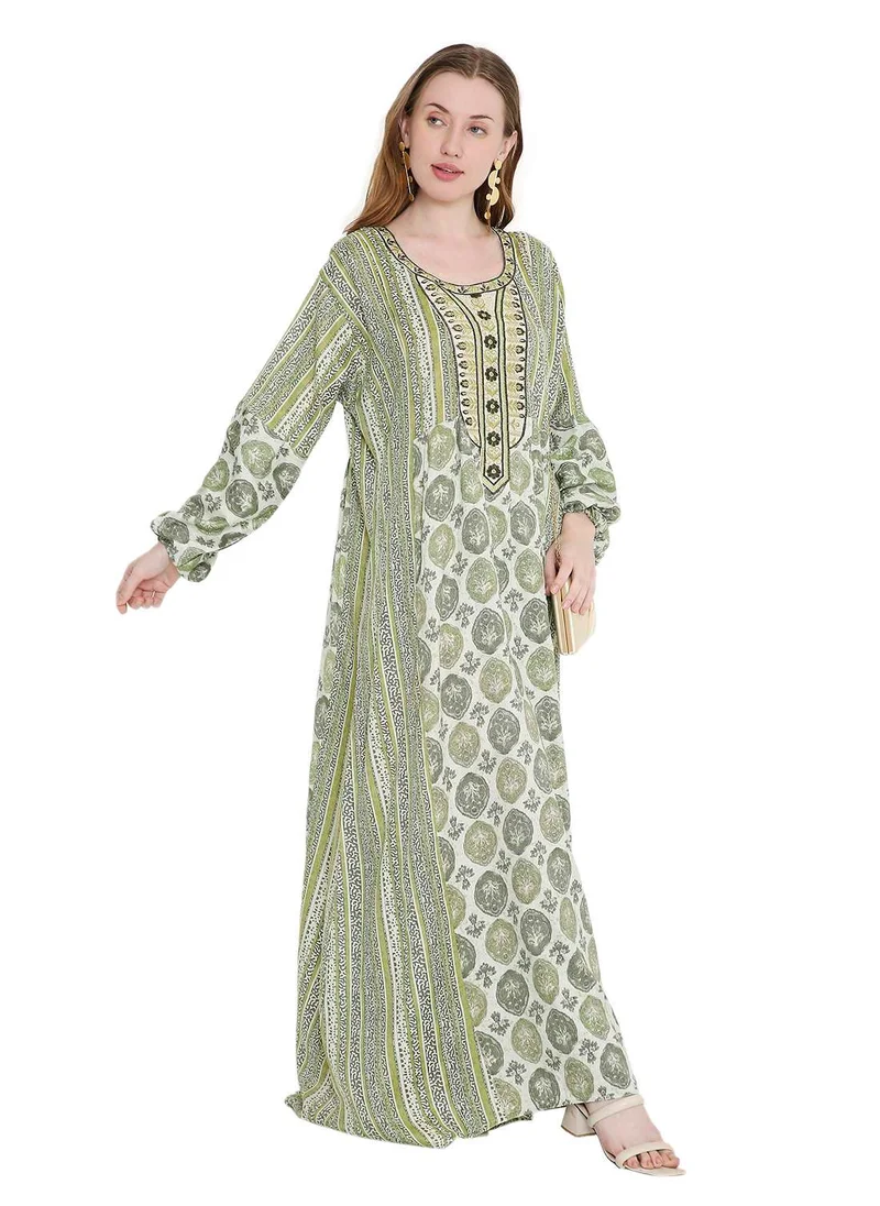 هانا آند سارا glamorous long viscose printed farasha with unique embroidered thread detailing arabic kaftan jalabiya dress