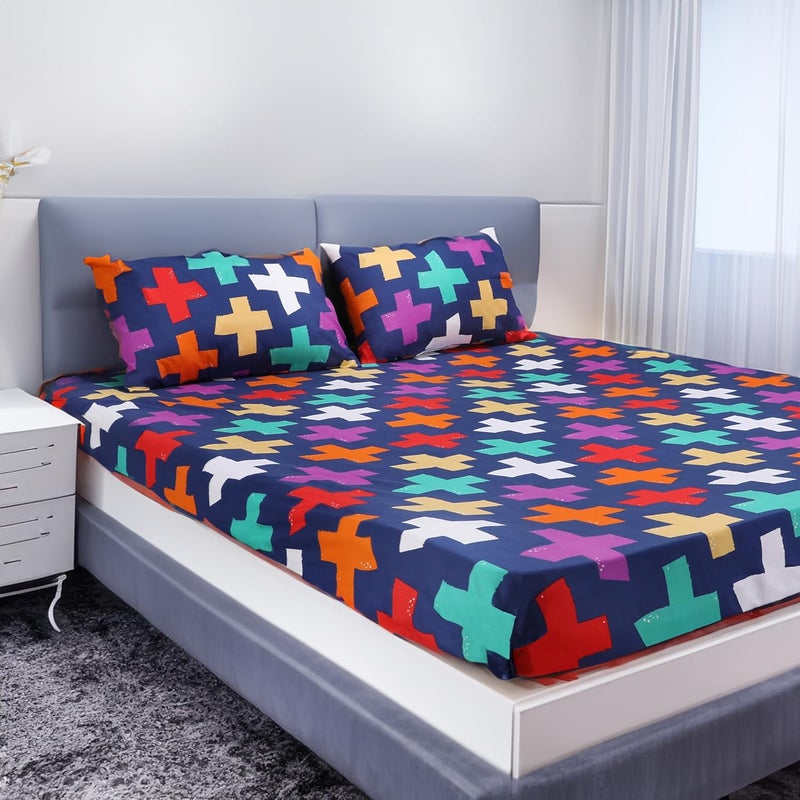 ZINNIA Super Soft Microfibre Printed bedsheet with 2 Pillow Cover Double 229 x 254 CM Erin Navy - Image 1