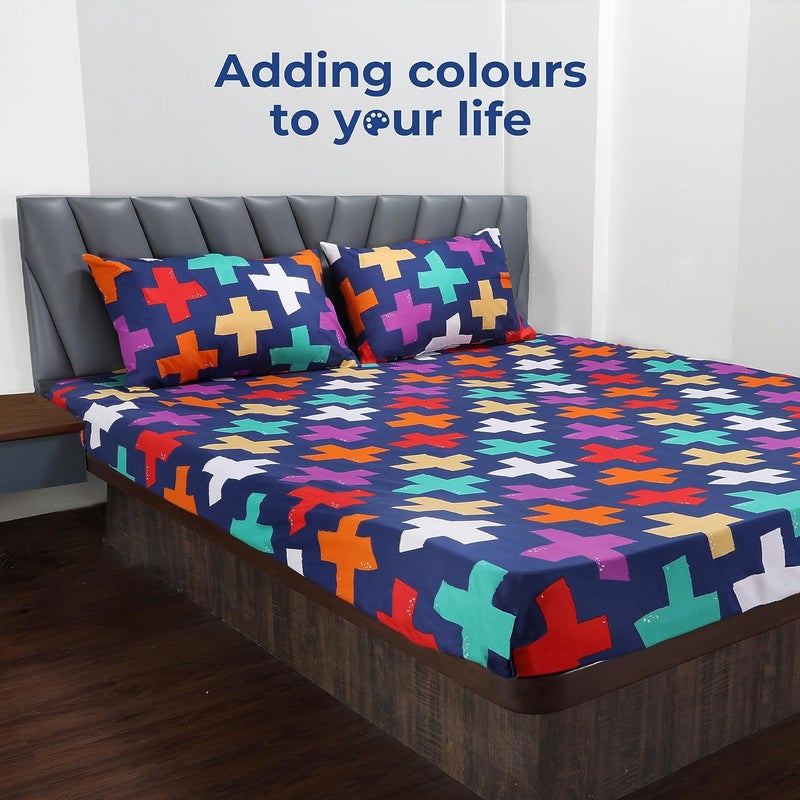 ZINNIA Super Soft Microfibre Printed bedsheet with 2 Pillow Cover Double 229 x 254 CM Erin Navy - Image 2