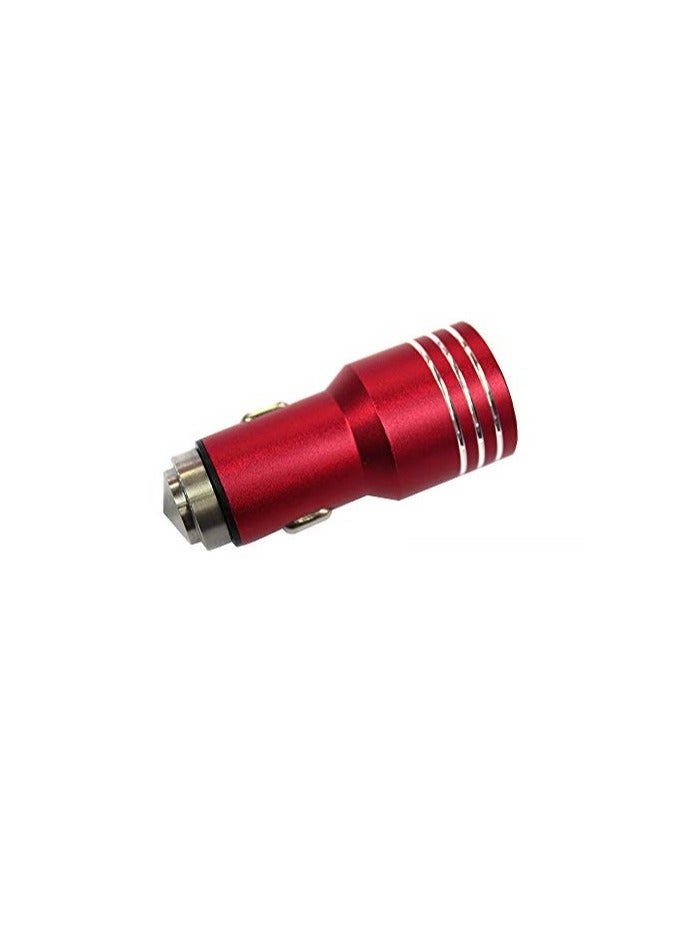 Dual Usb Metal Alloy Car Charger Adapter With Emergency Safety Hammer Function Red - Image 1
