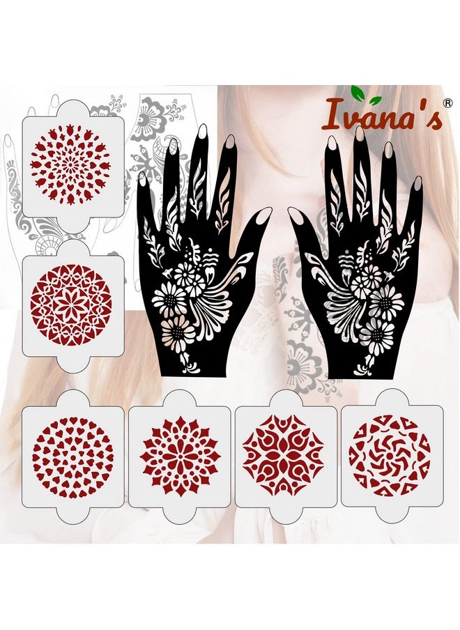 ivana's - Pack Of 8 Pcs (2 Pcs Heena Stencil Tatto + 6 Pcs Laser Cut Pvc Reusable Heena Stencils), Heena Mehandi Sticker, Mehandi Stickers For Full Hand For Women, Girls And Kids, Easy To Apply, Niv-028 - Image 1
