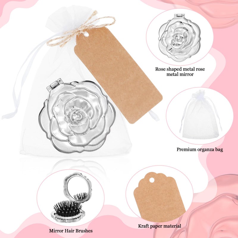 Singhoow 24 Sets Rose Compact Mirrors Brush Bulk Quinceanera Party Favors for Guests Travel Mirror Thank You Gifts Bulk for Sweet 16 15 Party Favors Bridal Shower Wedding Souvenirs(Silver) - Image 3