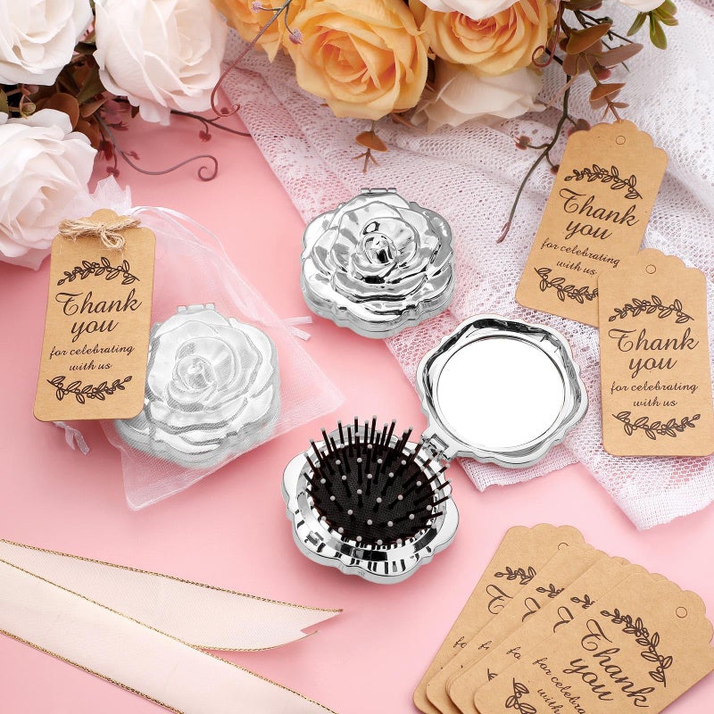 Singhoow 24 Sets Rose Compact Mirrors Brush Bulk Quinceanera Party Favors for Guests Travel Mirror Thank You Gifts Bulk for Sweet 16 15 Party Favors Bridal Shower Wedding Souvenirs(Silver) - Image 5