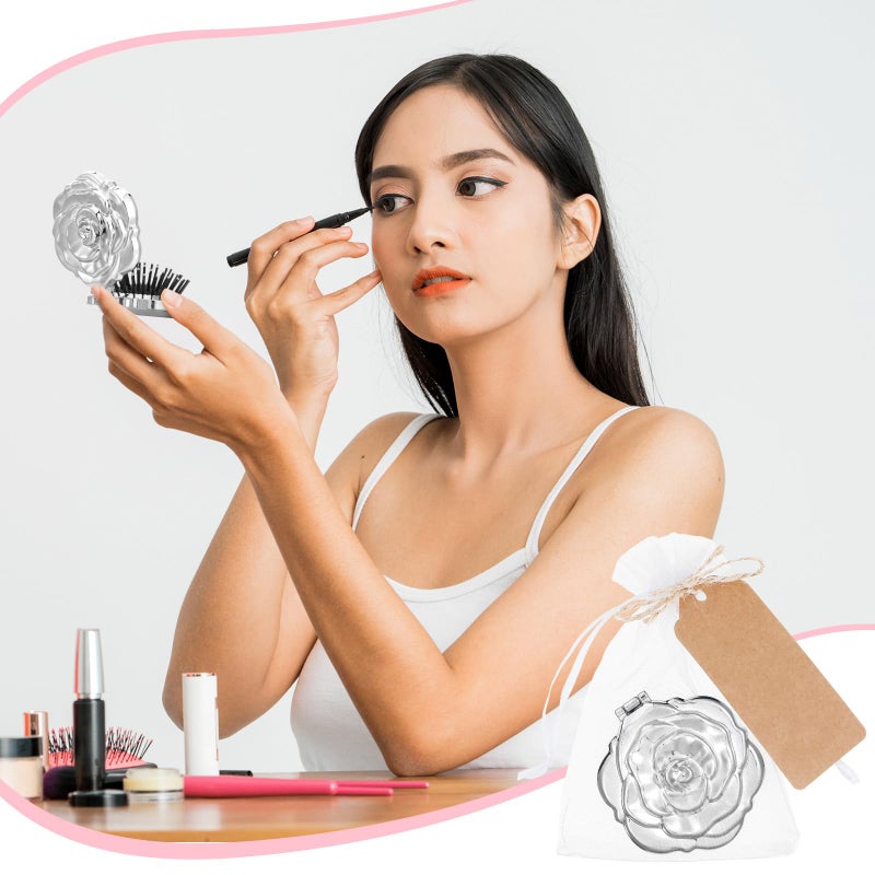 Singhoow 24 Sets Rose Compact Mirrors Brush Bulk Quinceanera Party Favors for Guests Travel Mirror Thank You Gifts Bulk for Sweet 16 15 Party Favors Bridal Shower Wedding Souvenirs(Silver) - Image 4