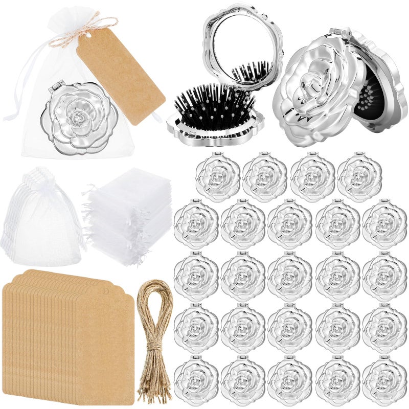 Singhoow 24 Sets Rose Compact Mirrors Brush Bulk Quinceanera Party Favors for Guests Travel Mirror Thank You Gifts Bulk for Sweet 16 15 Party Favors Bridal Shower Wedding Souvenirs(Silver) - Image 1