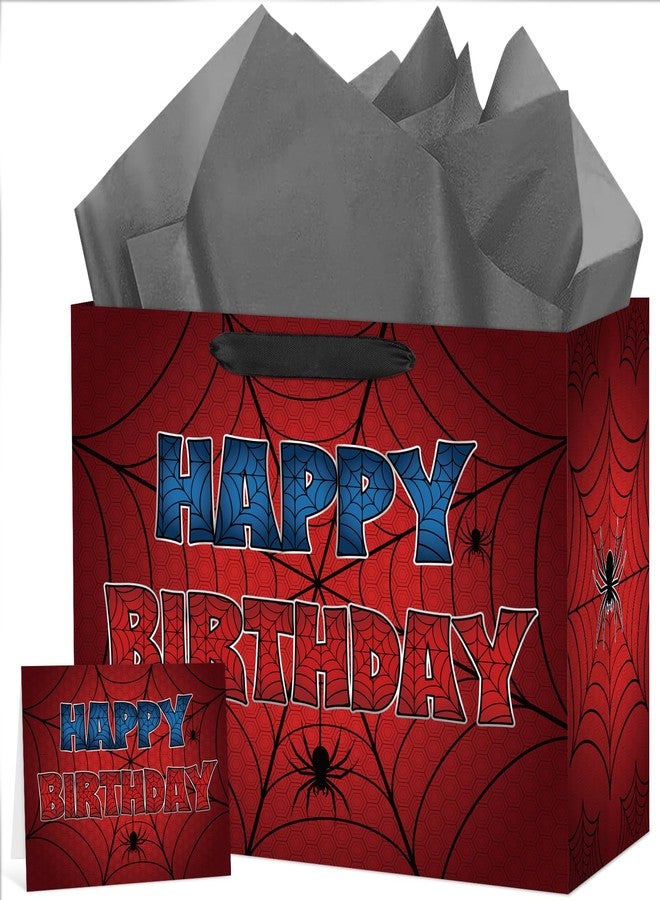 Abilat Large Spider Birthday Gift Bag with Tissue Paper and Greeting Card Spider Web Party Favor Wrapping Bag for Boys Men Halloween Birthday Supplies - Image 1