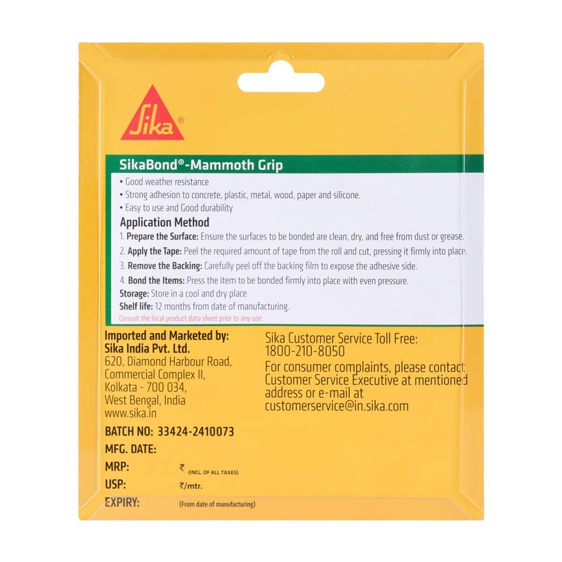 SIKA شريط لاصق مزدوج الجوانب - سيكابوند ماموث جريب IN - للاستخدام الثقيل - شريط لاصق متعدد الاستخدامات قابل للإزالة بدون أثر للتثبيت للجدران/المنزل/المكتب - شريط لاصق قوي - شفاف 30ممx3م - Image 3