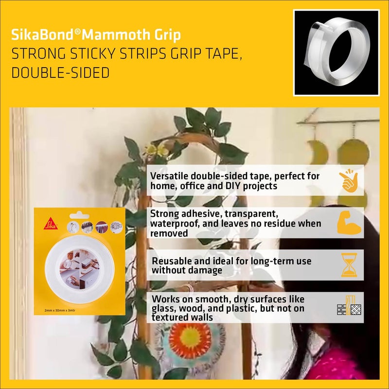 SIKA شريط لاصق مزدوج الجوانب - سيكابوند ماموث جريب IN - للاستخدام الثقيل - شريط لاصق متعدد الاستخدامات قابل للإزالة بدون أثر للتثبيت للجدران/المنزل/المكتب - شريط لاصق قوي - شفاف 30ممx3م - Image 5