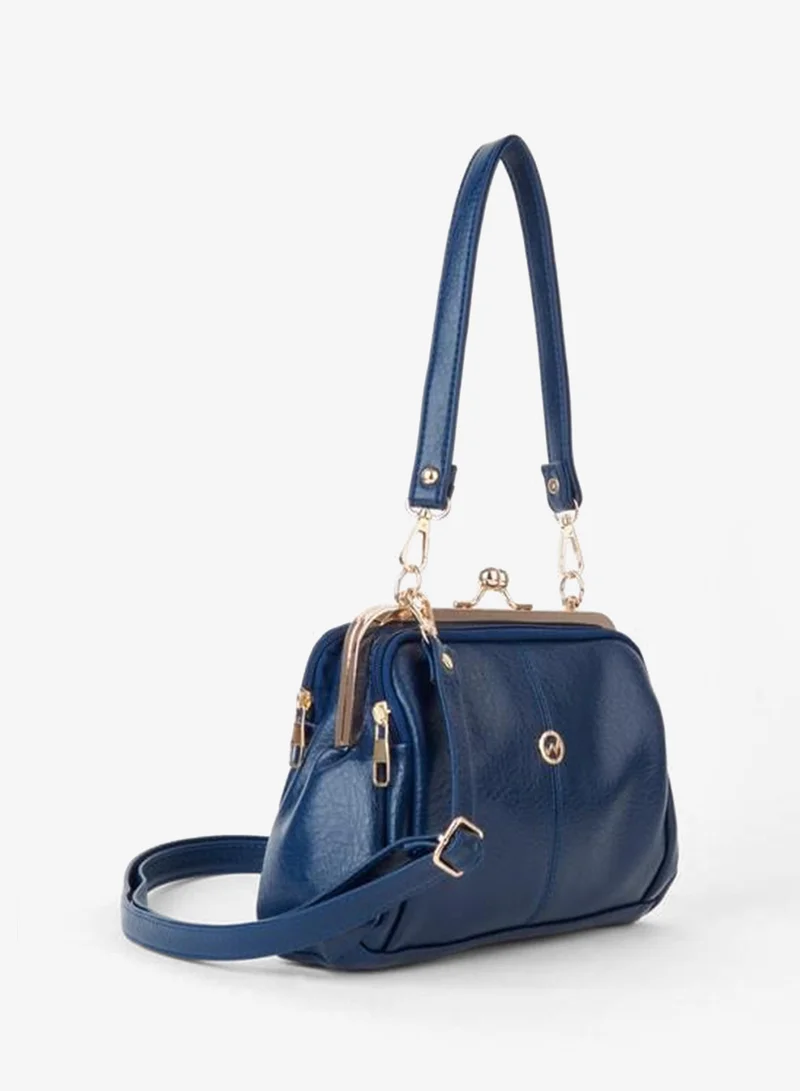 Women's Butterfly Navy Blue Gold-Accented 4-Compartment Flap and Zipper Closure Hand, Arm, and Shoulder Bag.