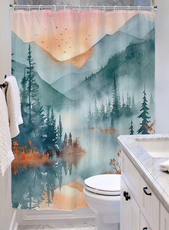 Riyidecor Mountain Forest Shower Curtain for Bathroom Decor 72Wx72H Green Nature Woodland Pine Tree Scenery Ink Painting Foggy Sunset Art Printed Fabric Polyester Waterproof 12 Pack Plastic Hooks - Image 4