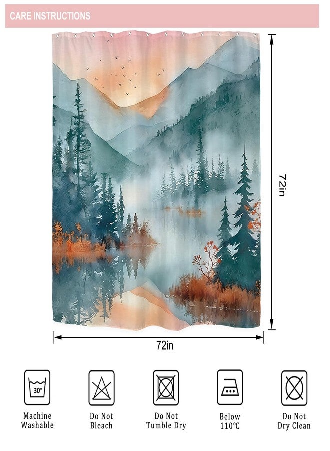 Riyidecor Mountain Forest Shower Curtain for Bathroom Decor 72Wx72H Green Nature Woodland Pine Tree Scenery Ink Painting Foggy Sunset Art Printed Fabric Polyester Waterproof 12 Pack Plastic Hooks - Image 5