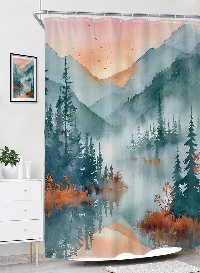 Riyidecor Mountain Forest Shower Curtain for Bathroom Decor 72Wx72H Green Nature Woodland Pine Tree Scenery Ink Painting Foggy Sunset Art Printed Fabric Polyester Waterproof 12 Pack Plastic Hooks - Image 3