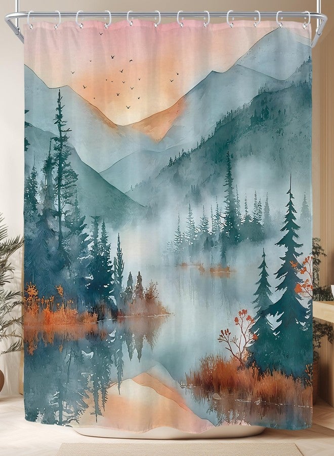Riyidecor Mountain Forest Shower Curtain for Bathroom Decor 72Wx72H Green Nature Woodland Pine Tree Scenery Ink Painting Foggy Sunset Art Printed Fabric Polyester Waterproof 12 Pack Plastic Hooks - Image 1