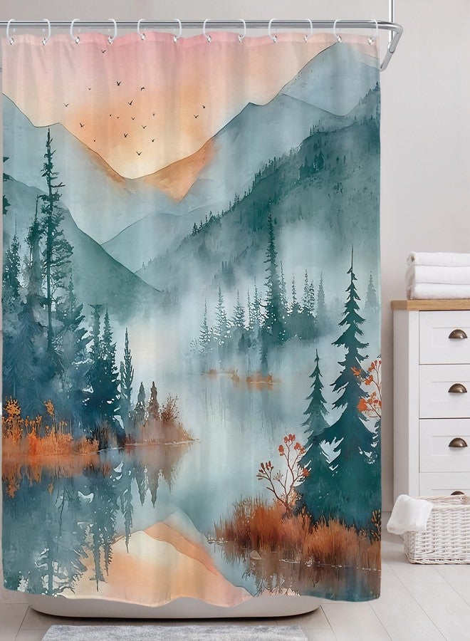 Riyidecor Mountain Forest Shower Curtain for Bathroom Decor 72Wx72H Green Nature Woodland Pine Tree Scenery Ink Painting Foggy Sunset Art Printed Fabric Polyester Waterproof 12 Pack Plastic Hooks - Image 2
