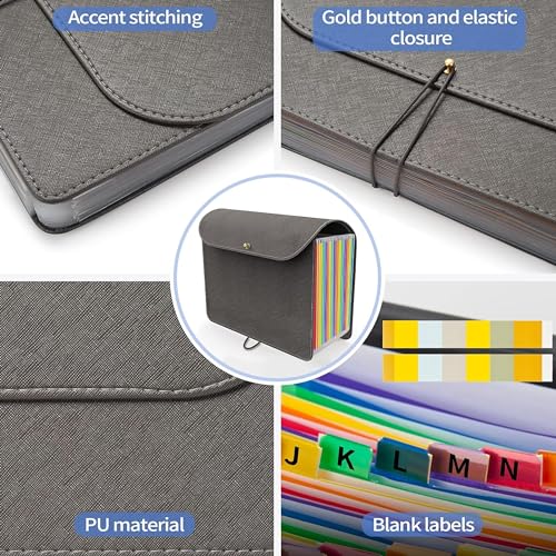 NISUN 24 Pockets PU Leather Expanding File Folders, A4/Letter Size Paper Holder, Accordion Folder, Documents Organizer for School, Home, Office (33 * 24cm, Dark Grey) - Image 4