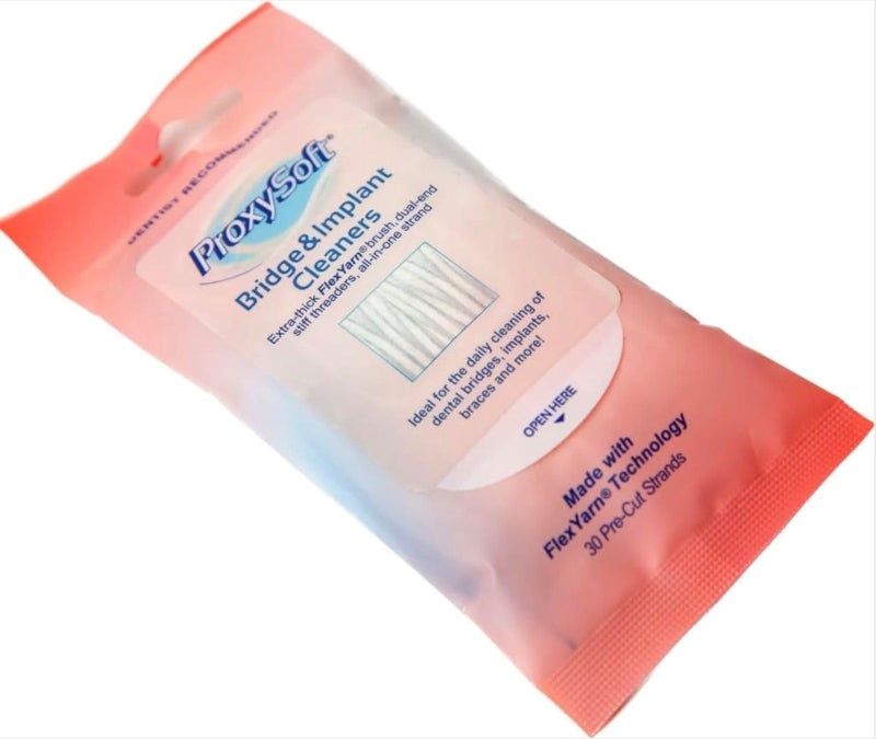 Proxysoft Dental Floss for Bridges and Dental Implants for Optimal Oral Hygiene Floss Threaders for Bridges and Implants with ExtraThick Proxy Brush Bridge and Implant Cleaners 30 Strands by ProxySoft