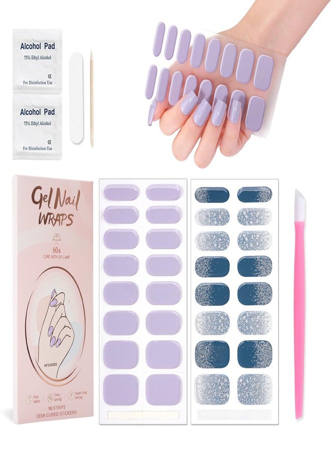 JERCLITY 2 Sheets 32pcs Semi Cured Gel Nail Strips, Gel Nail Wraps Needed LED Lamp to Cured, Ease to Use and Removal, 2 Prep Pads,1 Nail File,1 Wooden Cuticle Stick(Lavender Purple+Winter Ice Snow) - Image 1