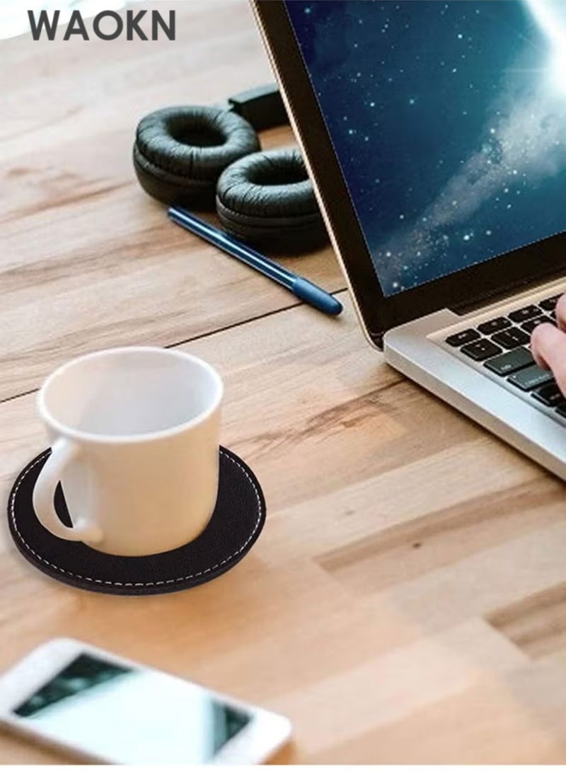 WAOKN Drinks Coasters 6pcs with Holder, PU Leather Coffee Cup Pads Black Round Table Mats for Bar Kitchen Dinning, Avoid Water Stains or Damage Furniture, Housewarming Gift Idea for Home DecorationProtect Table from Stains - Image 4