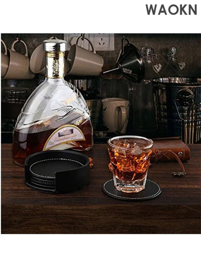 WAOKN Drinks Coasters 6pcs with Holder, PU Leather Coffee Cup Pads Black Round Table Mats for Bar Kitchen Dinning, Avoid Water Stains or Damage Furniture, Housewarming Gift Idea for Home DecorationProtect Table from Stains - Image 3