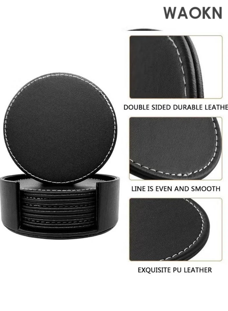 WAOKN Drinks Coasters 6pcs with Holder, PU Leather Coffee Cup Pads Black Round Table Mats for Bar Kitchen Dinning, Avoid Water Stains or Damage Furniture, Housewarming Gift Idea for Home DecorationProtect Table from Stains - Image 2