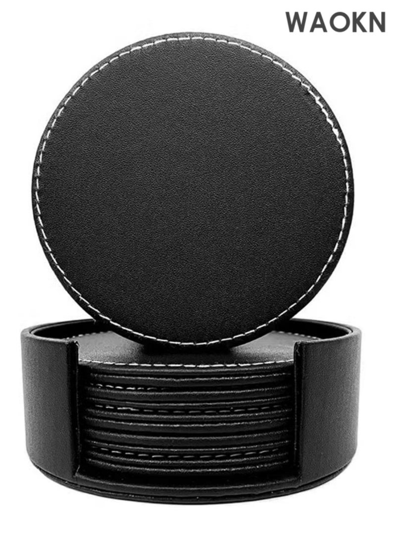WAOKN Drinks Coasters 6pcs with Holder, PU Leather Coffee Cup Pads Black Round Table Mats for Bar Kitchen Dinning, Avoid Water Stains or Damage Furniture, Housewarming Gift Idea for Home DecorationProtect Table from Stains - Image 1