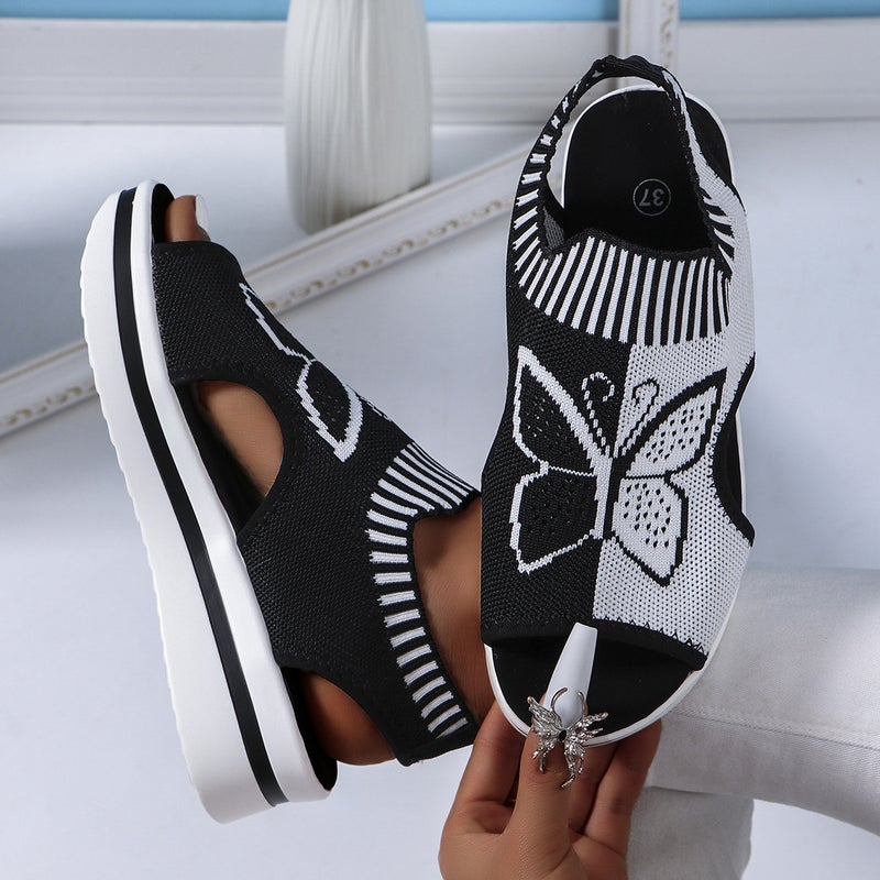 Plus Size Casual Fly-Knit Fish-Toe Sandals Wedge-Heel Thick-Soled Mesh Butterfly Embroidered Sandals Set-Toe Women'S Sandals - Image 3