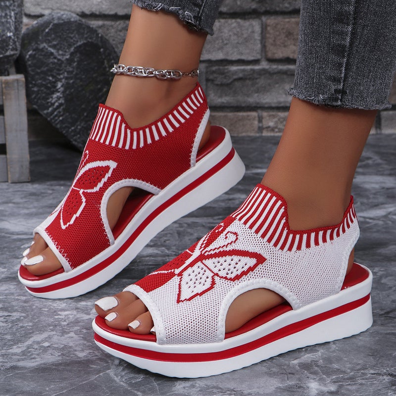 Plus Size Casual Fly-Knit Fish-Toe Sandals Wedge-Heel Thick-Soled Mesh Butterfly Embroidered Sandals Set-Toe Women'S Sandals - Image 4