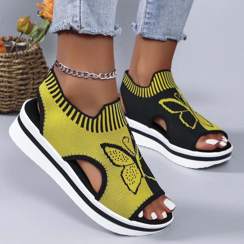 Plus Size Casual Fly-Knit Fish-Toe Sandals Wedge-Heel Thick-Soled Mesh Butterfly Embroidered Sandals Set-Toe Women'S Sandals - Image 5