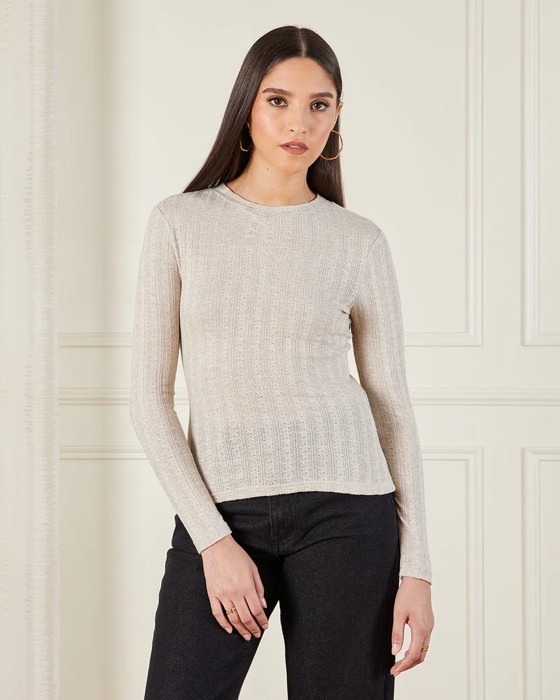 REDTAG Women Beige Textured Long Sleeve Top
