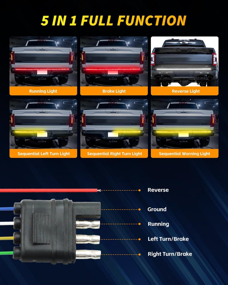 GSOWO 60" Truck Tailgate Light Bar, Triple Row 504 LED Strip with Red Brake White Reverse Sequential Amber Turning Signal Strobe Lights for Fo-rd F150/250 Dodge RAM GMC Chevy Silverado Tundra 60 inch - Image 3