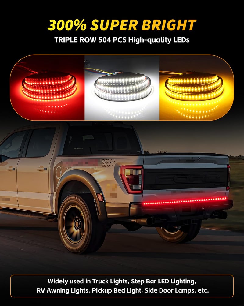 GSOWO 60" Truck Tailgate Light Bar, Triple Row 504 LED Strip with Red Brake White Reverse Sequential Amber Turning Signal Strobe Lights for Fo-rd F150/250 Dodge RAM GMC Chevy Silverado Tundra 60 inch - Image 4