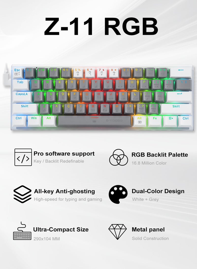 E-YOOSO Z-11 60% Wired RGB Arabic & English Mechanical Keyboard,61 Keys Compact Gaming Keyboard with Linear Red Switches (Grey White) - Image 2