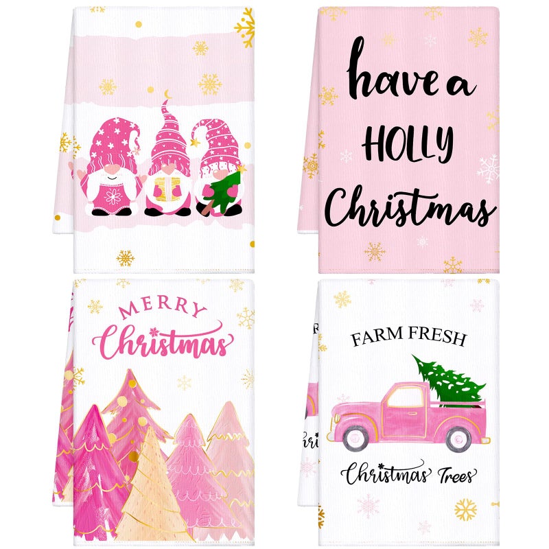Sratte 4 Pcs Christmas Kitchen Towels 16 x 24 Inch Dish Towels Christmas Hand Towels Farmhouse Towels Absorbent Dishcloths for Home Xmas Bathroom Kitchen Decor PinkTree