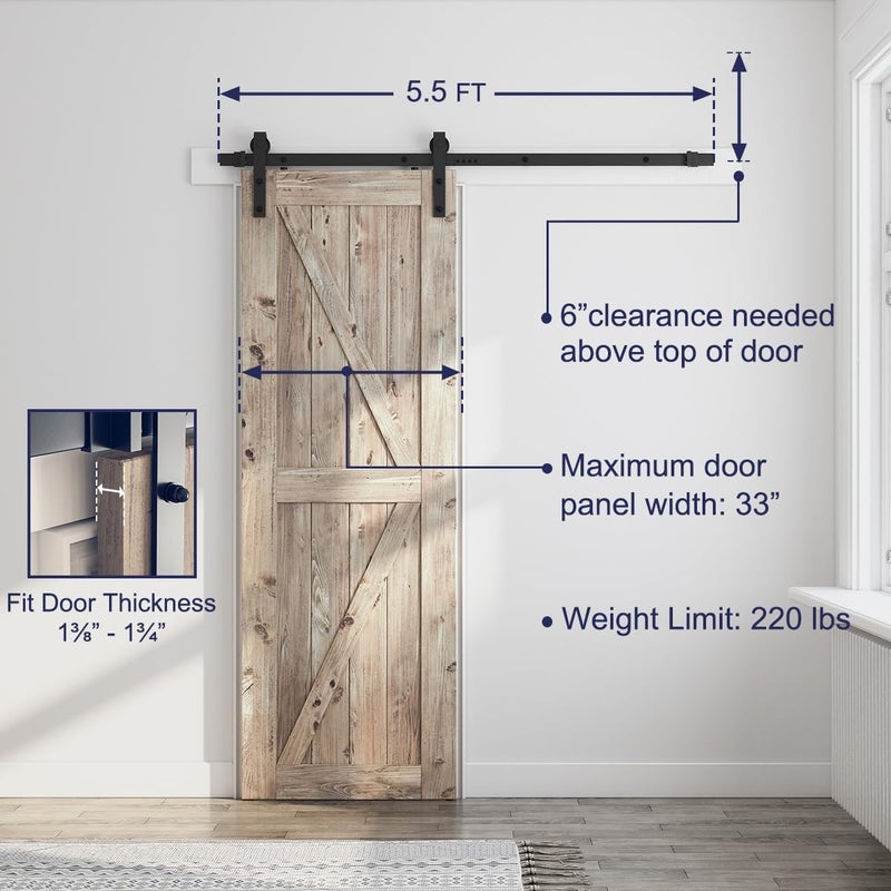 SMARTSTANDARD 5.5FT Sliding Barn Door Hardware Whole Kit (Include 5.5ft Track Kit & Pull Handle Set & Floor Guide), Smoothly and Quietly, Easy to Install, Fit 30"-33" Wide Door Panel (J Shape) - Image 4