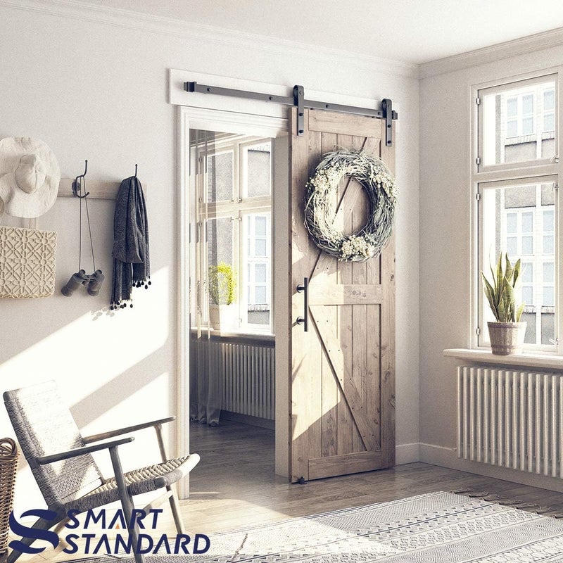SMARTSTANDARD 5.5FT Sliding Barn Door Hardware Whole Kit (Include 5.5ft Track Kit & Pull Handle Set & Floor Guide), Smoothly and Quietly, Easy to Install, Fit 30"-33" Wide Door Panel (J Shape) - Image 2