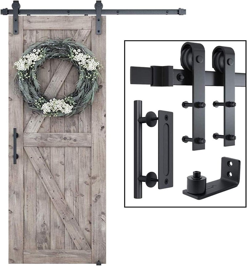 SMARTSTANDARD 5.5FT Sliding Barn Door Hardware Whole Kit (Include 5.5ft Track Kit & Pull Handle Set & Floor Guide), Smoothly and Quietly, Easy to Install, Fit 30"-33" Wide Door Panel (J Shape) - Image 1