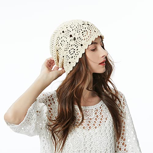 ZLYC Women Cotton Crochet Slouchy Beanie Hat Handmade Knit Cutout Summer Floral Skull Cap (Solid Beige) - Image 3