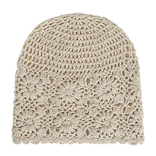 ZLYC Women Cotton Crochet Slouchy Beanie Hat Handmade Knit Cutout Summer Floral Skull Cap (Solid Beige) - Image 5