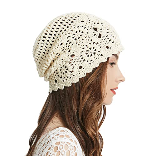 ZLYC Women Cotton Crochet Slouchy Beanie Hat Handmade Knit Cutout Summer Floral Skull Cap (Solid Beige) - Image 1