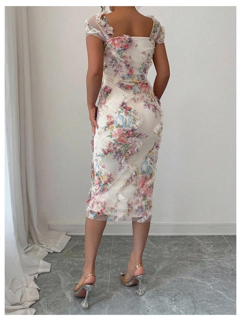 SHENHE Women's Floral Garden Party Dress Ruffle Trim Square Neck Cap Sleeve Mesh Bodycon Midi Dresses Multicolor X-Large - Image 3