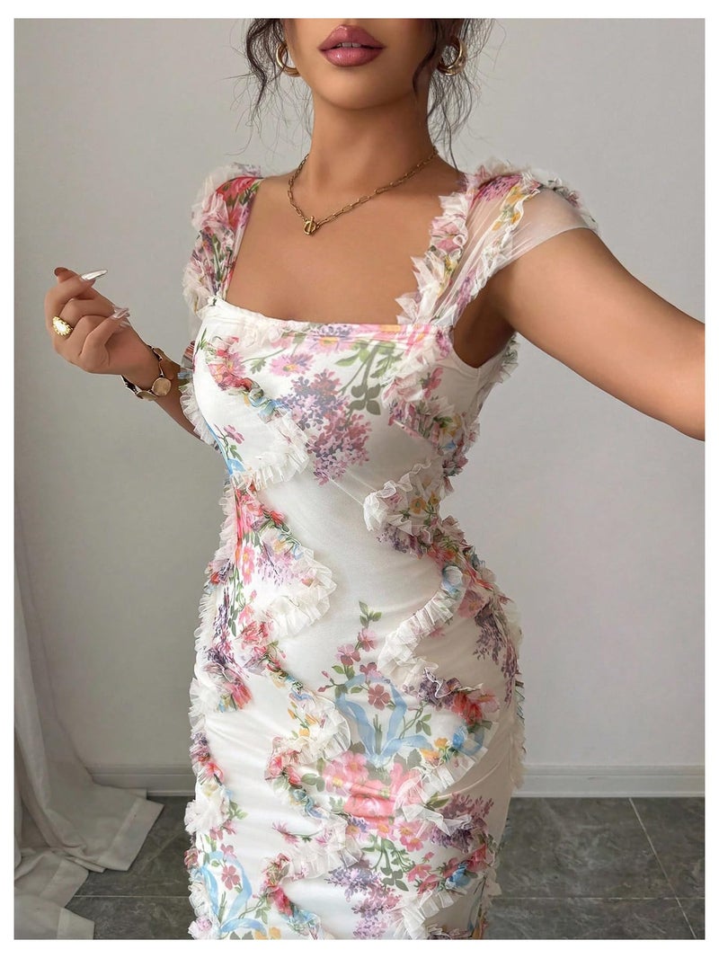 SHENHE Women's Floral Garden Party Dress Ruffle Trim Square Neck Cap Sleeve Mesh Bodycon Midi Dresses Multicolor X-Large - Image 4
